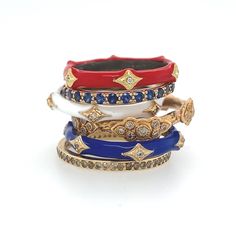 14K Rose Gold and Sterling Silver Crivelli Stack Band in Royal Blue Enamel with Champagne Diamonds (0.04 TCW) Armenta Jewelry, Metal Jewelry Handmade, Wrap Bangles, Diamond Stacks, Turquoise Drop Earrings, Ring Stack, Enamel Bracelet, Jewelry Lookbook, Enamel Ring