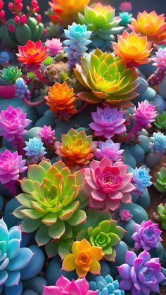 many colorful succulents are growing in the water