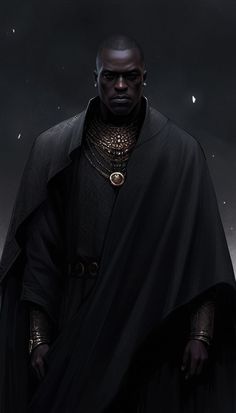 a man dressed in black standing under a dark sky