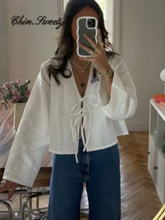 Solid Lace Up Bow Shirts Women Casual Long Flare Sleeve V Neck Hollow Out Blouses Tops 2024 Spring Mode Zara, Bow Shirts, Casual Shirt Women, Mode Inspo, American Beauty, Looks Chic, 가을 패션, Summer Fits, Looks Style