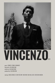 a black and white photo of a man in a suit with the words vincenzo on it