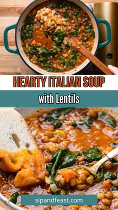 hearty italian soup with lentils and spinach