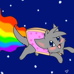 a drawing of a cat flying through the air with a rainbow in the background and snow falling all around