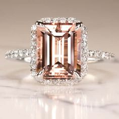 2.7 EMERALD CUT PEACH PINK MORGANITE 0.6 DIAMOND ENGAGEMENT RING HALO WHITE GOLD Rose Gold Halo Engagement Ring, Engagement Ring Halo, Peach Morganite, Ring Halo, White Gold Set, Morganite Engagement, Right Hand Rings, Pink Morganite, Morganite Engagement Ring