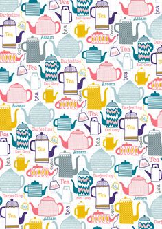 a colorful pattern with teapots and kettles on the side, all in different colors