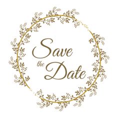 save the date card with gold leaves and branches on it in a round frame, surrounded by