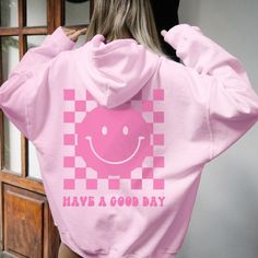 Have a Good Day Hoodie Trendy Hoodie Smile Preppy Sweatshirt | Etsy Cute Winter Hoodie With Graphic Print, Cute Graphic Print Hoodie For Winter, Pink Graphic Print Hooded Hoodie, Pink Hooded Hoodie With Graphic Print, Pink Oversized Hooded Hoodie, Oversized Pink Hooded Hoodie, Pink Graphic Print Hoodie, Cute Oversized Hooded Sweatshirt, Oversized Cute Hooded Sweatshirt