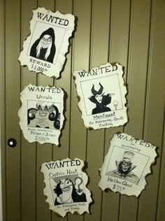 the door is decorated with posters and magnets that say wanted, wanted, wanted