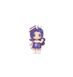 a small figurine with blue eyes and purple hair is standing on a white surface