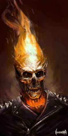 a painting of a skull with flames on it's head and shoulders, wearing a leather jacket