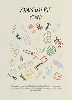 an advertisement for the charcuterie board with colored food and wine related items on it