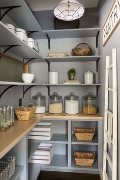 an organized pantry with shelves and baskets