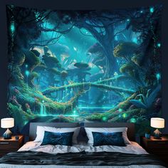 a bedroom with a large wall mural in the shape of a forest, and a bed