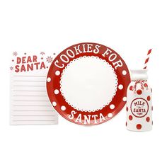 a red and white christmas plate with santa's cookies for santa written on it