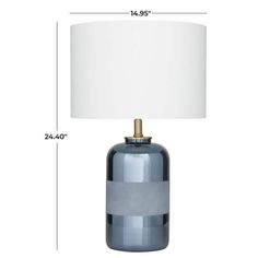 a blue table lamp with a white shade on it and measurements for the lamps below