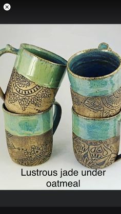 three coffee mugs sitting next to each other on top of a white surface with the words, lustrous jade under oatmeal