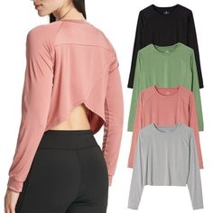 Discover your new favorite staple in our women's long sleeve petal back crop top. This versatile piece is perfect for a variety of occasions, from casual to athletic. It is a long sleeve shirts women will love for its comfort and style. This long sleeve tees for women boasts a petal back design that adds a subtle, feminine touch to your outfit. Constructed from soft and breathable fabric, this long sleeve t shirts for women is perfect for any season. Whether you're heading to the gym or spending Crop Shirts For Women, Crop Tops For Women, Athletic Crop Top, Long Sleeve Workout Top, Cropped Shirts, Crop Top Designs, Workout Tops For Women, Long Sleeve Workout, Sleeve Women