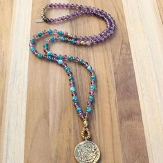 Amethyst and Apatite Mala Necklace with Tibetan Calendar Pendant Mala Necklace Outfit, Purple Diy, Beads Mala, Tibetan Jewelry, Purple Quartz, Amethyst Healing, Jewelry Making Necklace, Healing Necklace, African Turquoise