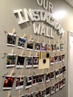 the instagram wall is decorated with photos and clothes pins