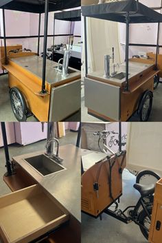 four different views of an outdoor kitchen and dining area, including a cart that has been built into the floor