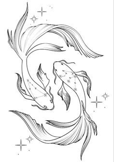 two koi fish swimming in the water with stars around them, one is black and white