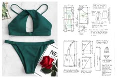 the top and bottom of a bikinisuit are shown next to an image of a rose