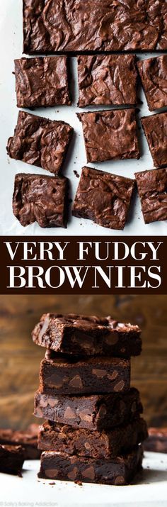 chocolate fudge brownies stacked on top of each other with text overlay that reads, very fudgey brownies