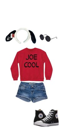 a red sweater, shorts and converse sneakers are arranged in the shape of an outfit