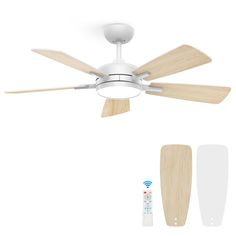 a white ceiling fan with wooden blades and remote control next to it's light