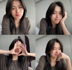 four pictures of a woman making faces with her hands