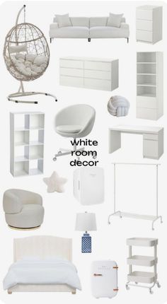 white room decor is shown with furniture and accessories for the bedroom, bathroom or living room