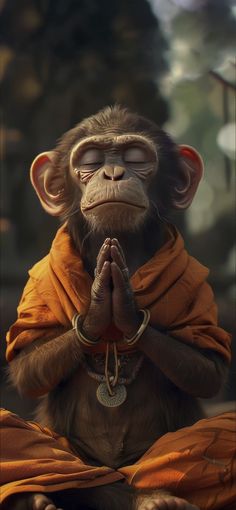 a monkey sitting on the ground with his eyes closed and hands folded in front of him