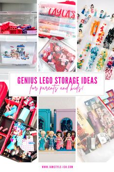 the collage shows toys, legos and other items in plastic storage bins