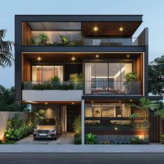 a car is parked in front of a modern house with plants on the balconies