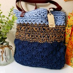 Netted Blue Rectangular Crochet Bag For Spring, Handmade Blue Shoulder Bag For Spring, Trendy Navy Shoulder Bag For Daily Use, Trendy Navy Shoulder Bag For Everyday, Casual Blue Bucket Straw Bag, Trendy Navy Bags For Daily Use, Casual Blue Shoulder Bag For Everyday Use, Spring Blue Bucket Bag With Adjustable Strap, Blue Tote Shoulder Bag For Spring