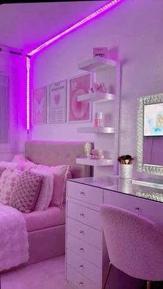 a bedroom with purple lighting and white furniture