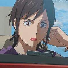 an anime character is sitting in the back seat of a car with her hand on her head