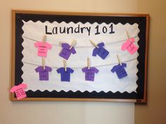 a bulletin board with clothes pins and notes pinned to it that read laundry 1011