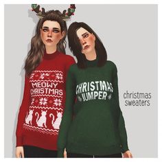 two women wearing ugly christmas sweaters with reindeer antlers on their heads