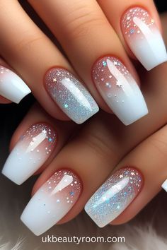 New Years Nail Designs White, New Years Eve Dip Nails, Pearl White French Tip Nails, Very Short Acrylic Nails Square, Ombre Nail Designs Glitter, Nails With Jewels Rhinestones, Milk White Nails Design, January Birthday Nails, Acrylic With Gems