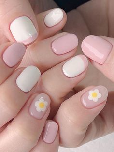 light pink and white nails with a flower accent Pink Short Nails, Kids Nail Designs, Nail Art For Kids, Hello Nails, Cute Simple Nails, Cute Nail Art Designs, Baby Nails