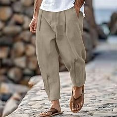 Season:Spring  Summer; Fabric:100% Cotton; Gender:Men's; Style:Fashion,Streetwear; Occasion:Holiday,Daily,Casual; Fit Type:Regular Fit; Function:Breathable,Comfort; Waistline:Mid Waist; Pattern:Plain; Design:Front Pocket,Pleats; Brand:OUKU; Pants Type:Trousers,Tapered Carrot Pants,Beach Pants,Summer Pants; Fly Type:Button; Front page:FF; Listing Date:07/19/2024 Summer Leisure Baggy Pants, Non-stretch Leisure Bottoms For Summer, Baggy Harem Pants With Pockets For Vacation, Baggy Summer Vacation Pants, Baggy Summer Bottoms For Leisure, Baggy Bottoms For Leisure In Summer, Summer Beach Pants With Baggy Fit, Vacation Straight Leg Bottoms In Solid Color, Summer Baggy Bottoms For Leisure