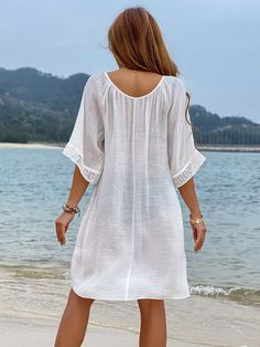 Blanco  Collar manga media Tela tricotada Liso  Embellished No-Elástico Traje Casual, Women's Cover Up, Beachwear For Women, Inspiration Mode, Cover Up Dress, Fashion Online Shop, Online Fashion, All Fashion, Men's Clothing