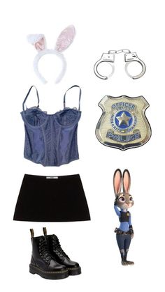 an assortment of clothing and accessories including shoes, belted shirt, rabbit ears headbands