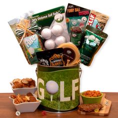 a golf bucket filled with snacks and treats