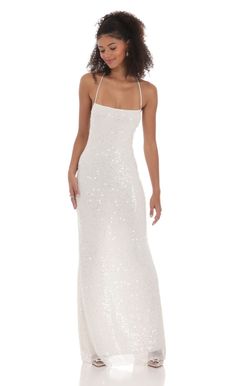 Sequin Mesh Maxi Dress in White | LUCY IN THE SKY Silver Sparkly Dress Long, Sparkle Dress Long, Sparkly Dress Long, Sparkly White Dress, White Sparkle Dress, White Sparkly Dress, Glitzy Dress, White Beaded Dress, Homecoming Dresses Sparkly