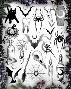 various halloween tattoos and decorations on a sheet