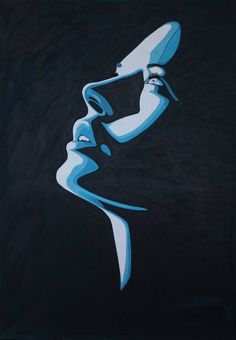 a painting of a woman's face in blue and white on a black background