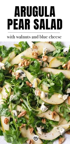 an image of arugula pear salad with walnuts and blue cheese on top