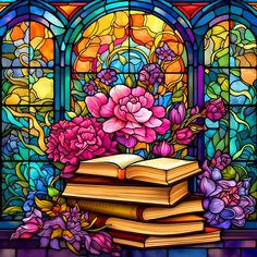 a stained glass window with flowers and books